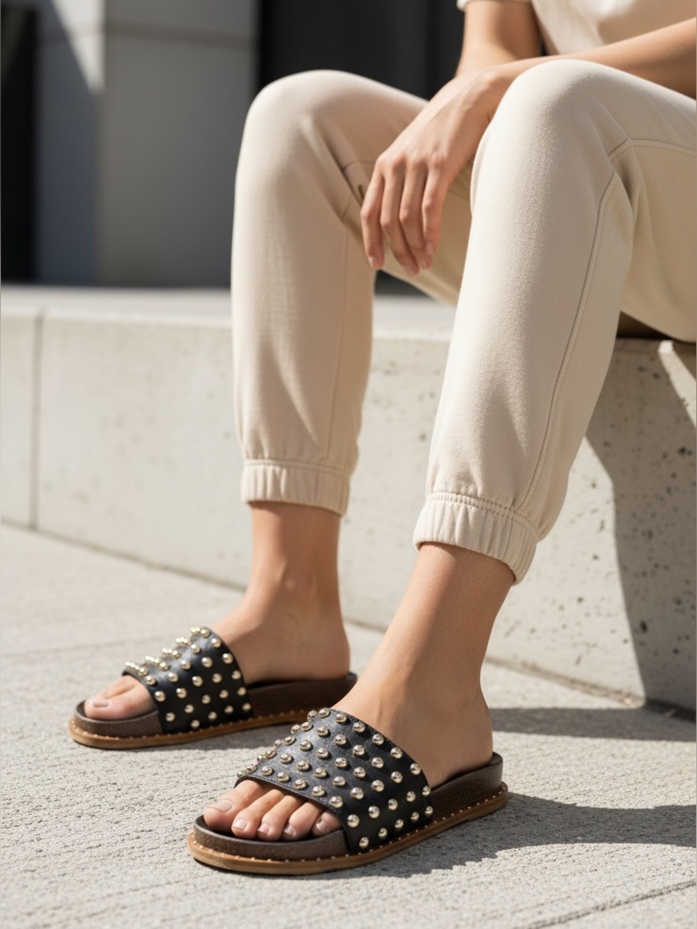 Vince Camuto Black Slide Sandals with Gold Studs
